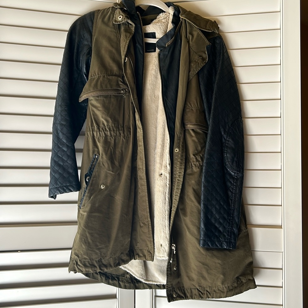 Zara XS coat with zip out liner and faux leather sleeves